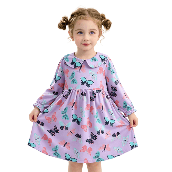 Wilark Girls Cotton Dress Long Sleeve Printed Casual Cute Fall A Line Dress Purple 4 T