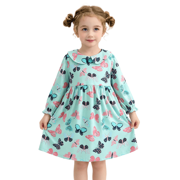 Wilark Girls Cotton Dress Printed Casual Long Sleeve Cute Fall A Line Dress Blue 8