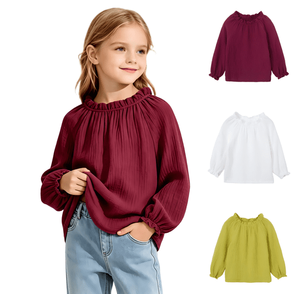 Wilark Girls Cotton Linen Blouses with Puff Sleeve Casual Long Sleeve Spring Fall Crew Neck Kids Shirts Red 2T