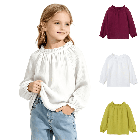 Wilark Girls Cotton Linen Blouses with Puff Sleeve Size 5, Long Sleeve Spring Fall Casual Crew Neck Kids Shirts White