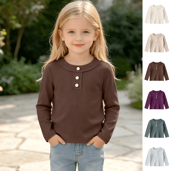 Wilark Girls Cotton T Shirts Size 8, Crew Neck Long Sleeve Pullover Casual Kids Fall Clothes Brown