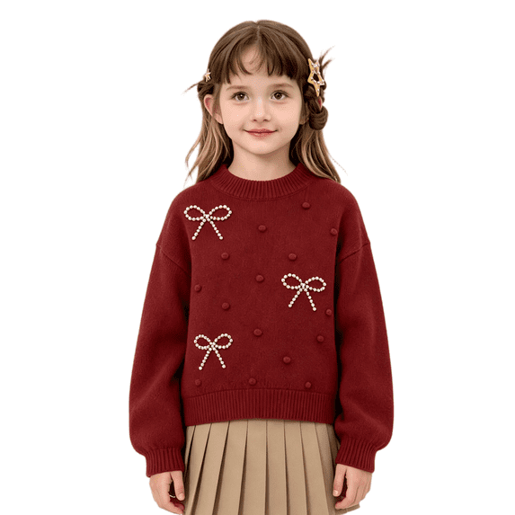 Wilark Girls Crew Neck Sweaters Size 6, Long Sleeve Knitted Casual Thermal Fall Winter Tops Red