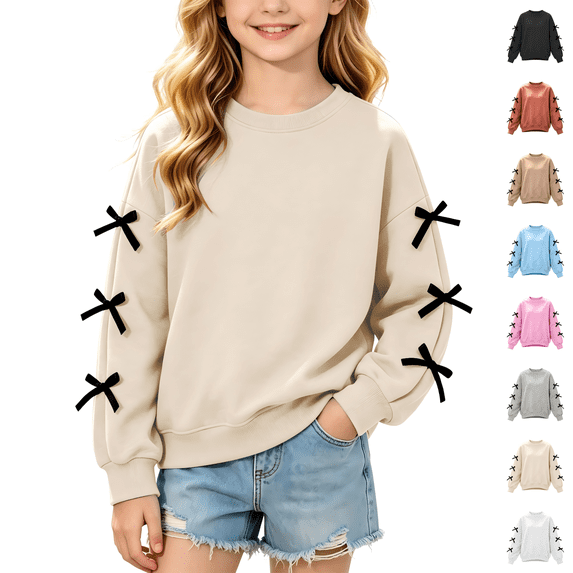 Wilark Girls Crew Neck Sweatshirts Cute Casual Pullover Long Sleeve Kids Fall Clothing Beige 8