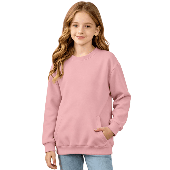 Wilark Girls Crew Neck Sweatshirts with Pockets Size 5-14, Fashion Long Sleeve Casual Pullover Kids Fall Tops Pink