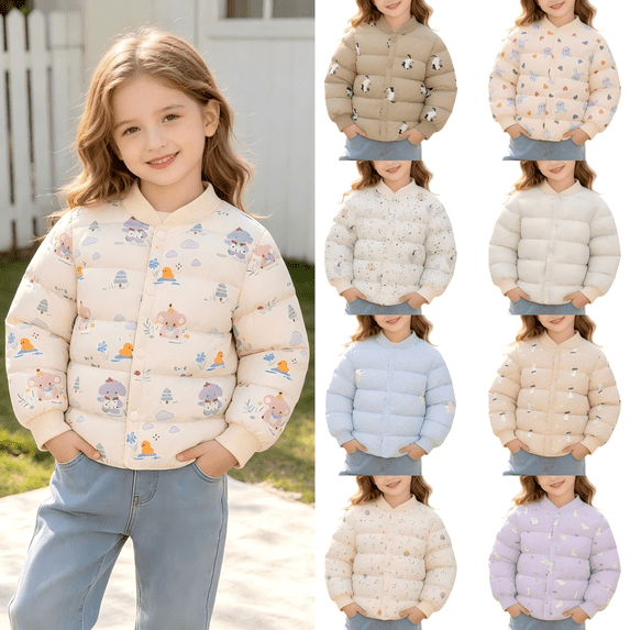 Wilark Girls Cute Graphic Print Padded Puffer Jackets Causal Long Sleeve Stand Collar Snap Fall Winter Quilted Lightweight Warm Outerwear Light Blue 2