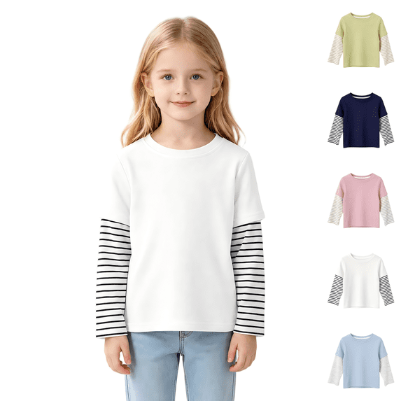 Wilark Girls Fake Two Piece T Shirts Long Sleeve Crew Neck Cotton Pullover Kids Fall Tops White 10T