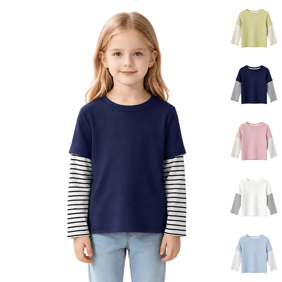 Wilark Girls Fake Two Piece T Shirts Pullover Cotton Crew Neck Long Sleeve Kids Fall Tops Navy 8T