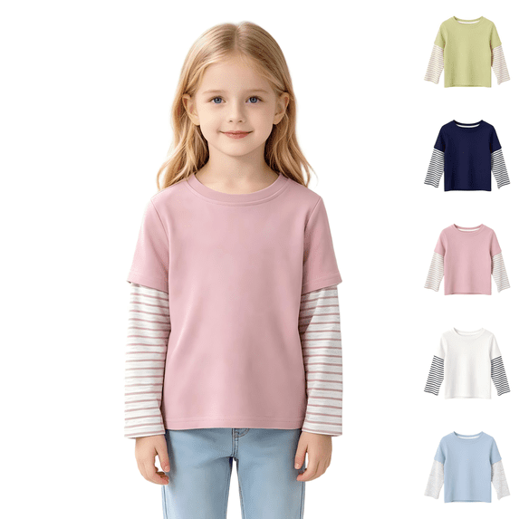 Wilark Girls Fake Two Piece T Shirts Size 8, Long Sleeve Pullover Crew Neck Cotton Kids Fall Tops Pink