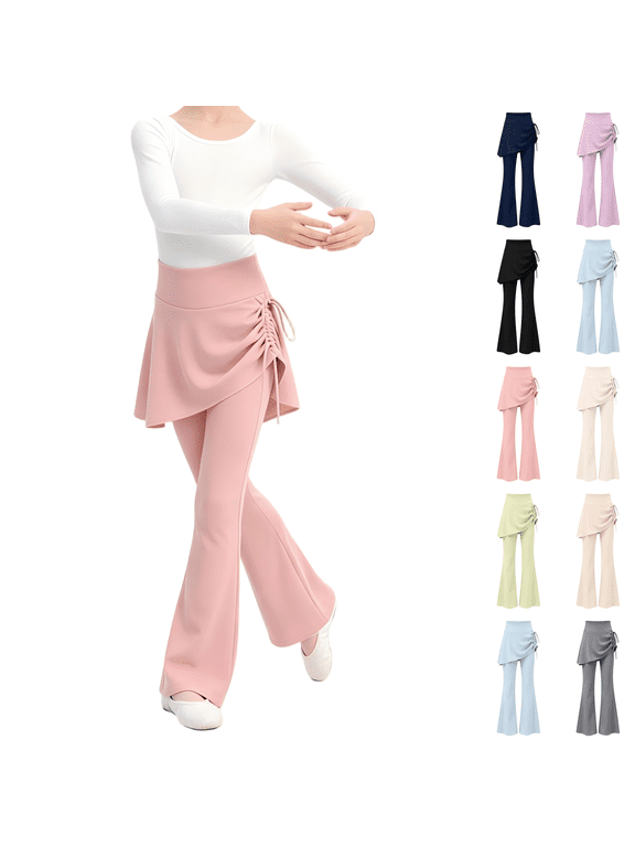 Girls Flared Leggings with Skirt Size 11-12 Years, Elastic Waist Fake Two Piece Stretchy Yoga Dance Flare Pants Pink