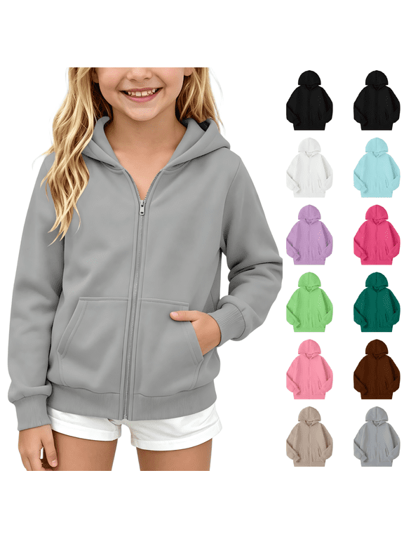 Girls Fleece Hoodies Sweatshirts Casual Zip Up School Long Sleeve Kids Fall Jackets with Pockets Gray 8