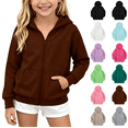 thumbnail image 1 of Wilark Girls Fleece Hoodies Sweatshirts School Zip Up Casual Long Sleeve Kids Fall Jackets with Pockets Coffee 12, 1 of 9