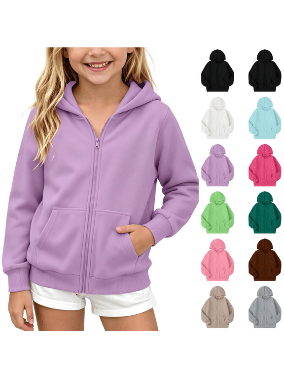 Girls Fleece Hoodies Sweatshirts Size 5-12, Long Sleeve Casual Zip Up School Kids Fall Jackets with Pockets Purple