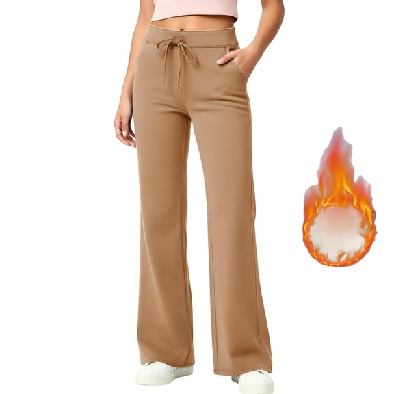 Wilark Girls Fleece Lined Sweatpants with Pockets Size 12-13 Years, Winter Elastic Waist Casual Drawstring Wide Leg Pants Khaki