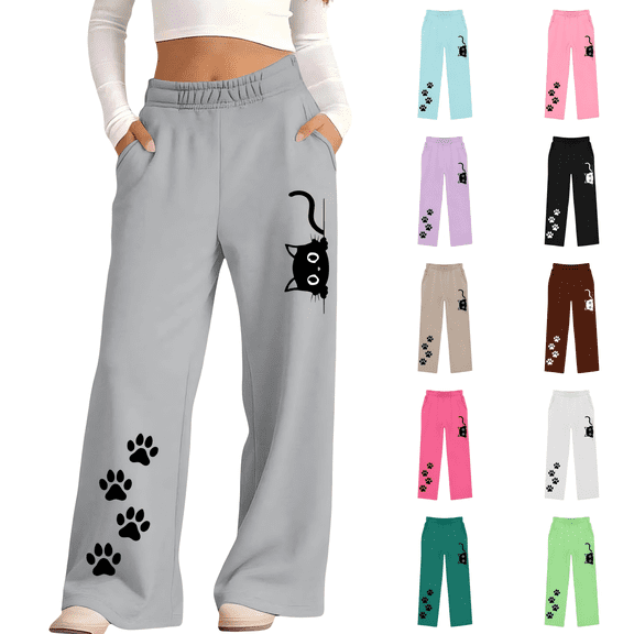 Wilark Girls Graphic Sweatpants with Pockets Size 8, Cute Straight Leg Casual Elastic Waist Kids Track Pants Gray