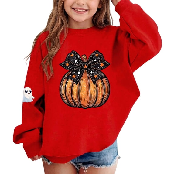 Wilark Girls Halloween Sweatshirts Fall Winter Long Sleeve Crew Neck Fleece Warm Kids Festival Tops Red 2