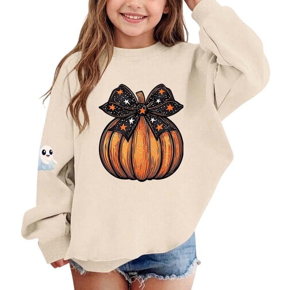 Wilark Girls Halloween Sweatshirts Fleece Warm Crew Neck Long Sleeve Fall Winter Kids Festival Tops Khaki 8