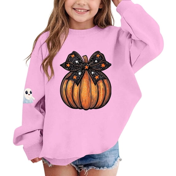 Wilark Girls Halloween Sweatshirts Fleece Warm Fall Winter Crew Neck Long Sleeve Kids Festival Tops Pink 8