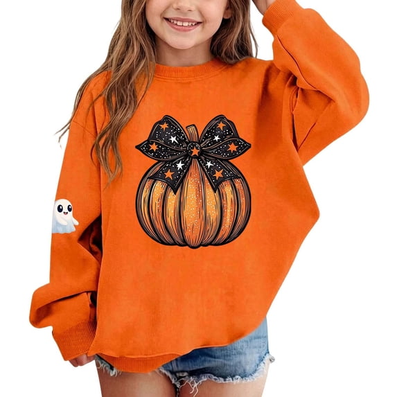Wilark Girls Halloween Sweatshirts Size 2-12, Fall Winter Long Sleeve Crew Neck Fleece Warm Kids Festival Tops Orange