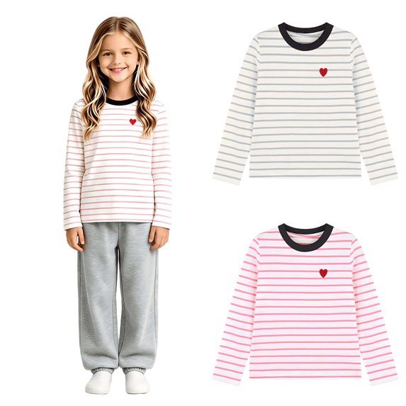 Wilark Girls Long Sleeve T Shirts Crew Neck Basic Pullover Striped Kids Fall Tops Pink 14T