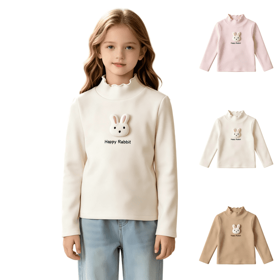 Wilark Girls Long Sleeve T Shirts Size 5, Mock Neck Thermal Cute Knitted Fall Winter Tops for Kids Beige