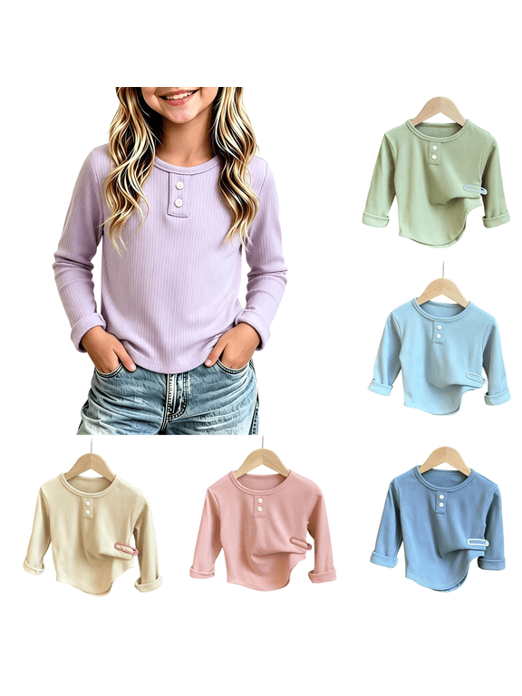 Girls Long Sleeve T Shirts Spring Fall knitted Crew Neck Casual Kids Basic Tees Purple 8T