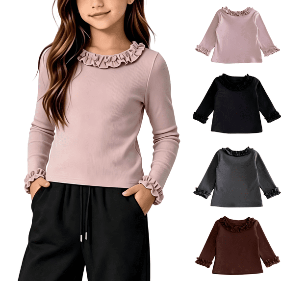 Wilark Girls Long Sleeve T Shirts with Ruffle Casual Crew Neck Cotton Knitted Thermal Warm Kids Fall Winter Tops Purple 6T