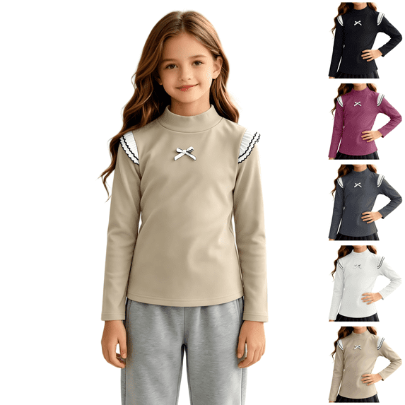 Wilark Girls Long Sleeve T Shirts with Ruffle Casual Cute Stretch Mock Neck Kids Fall Tops Beige 10T