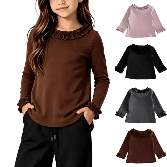 Wilark Girls Long Sleeve T Shirts with Ruffle Cotton Knitted Thermal Warm Casual Crew Neck Kids Fall Winter Tops Brown 4T