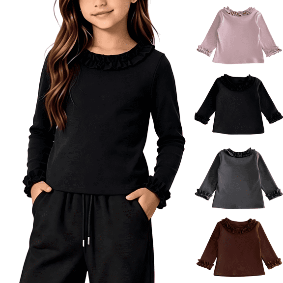 Wilark Girls Long Sleeve T Shirts with Ruffle Crew Neck Size 5, Casual Thermal Warm Cotton Knitted Kids Fall Winter Tops Black 5T