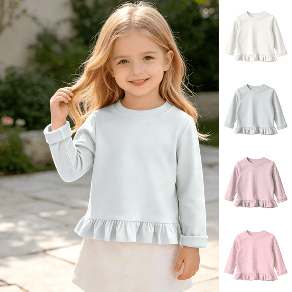 Wilark Girls Long Sleeve T Shirts with Ruffle Cute Casual Crew Neck Cotton Kids Fall Clothes Light Blue 4T