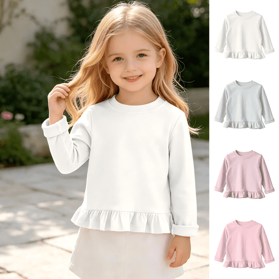 Wilark Girls Long Sleeve T Shirts with Ruffle Cute Casual Crew Neck Cotton Kids Fall Clothes White 4T
