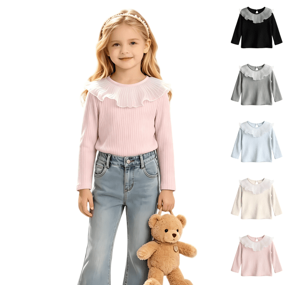 Wilark Girls Long Sleeve T Shirts with Ruffle Cute Casual Ruffled Crew Neck Pullover Kids Fall Tops Pink 4T