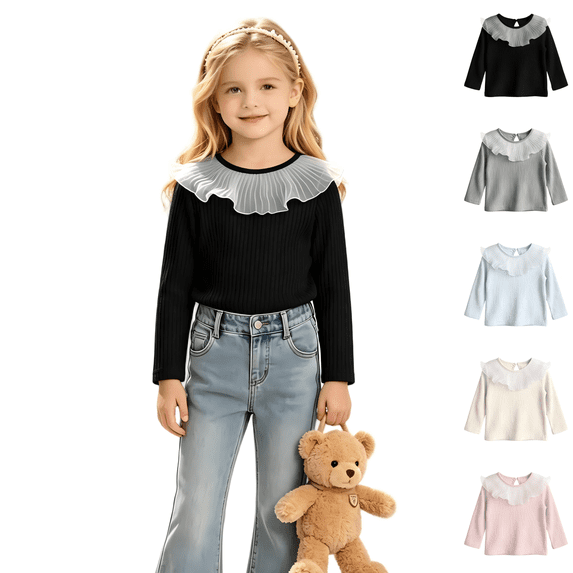 Wilark Girls Long Sleeve T Shirts with Ruffle Ruffled Crew Neck Casual Cute Pullover Kids Fall Tops Black 6T