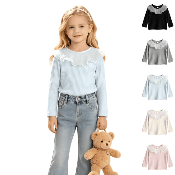 Wilark Girls Long Sleeve T Shirts with Ruffle Ruffled Crew Neck Casual Cute Pullover Kids Fall Tops Light Blue 6T