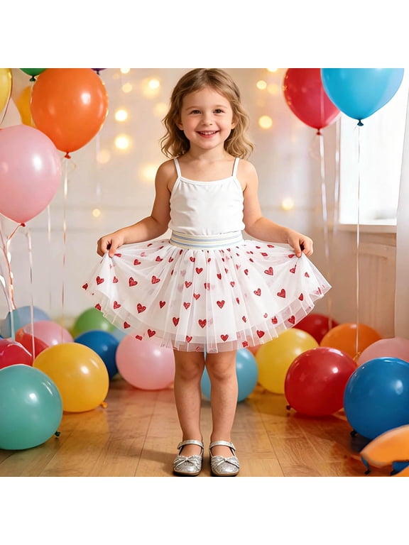 Girls Mesh Tutu Skirts Party Cute Heart Print Elastic Waist Dance Kids Princess Skirts Red 5