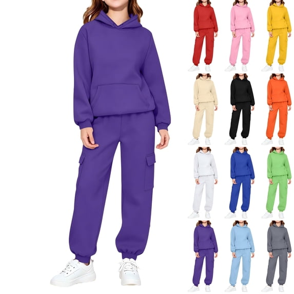 Wilark Girls Outfit Sets Casaul Athletic 2 Piece Hooded Sweatshirt and Cargo Sweatpants Long Sleeve Kids Winter Clothes Purple 5