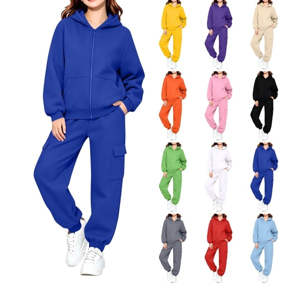 Wilark Girls Outfit Sets Casual Athletic Long Sleeve Loose Sweatshirt Zip Up 2 PC Hoodies and Sweatpants Sets Blue 4