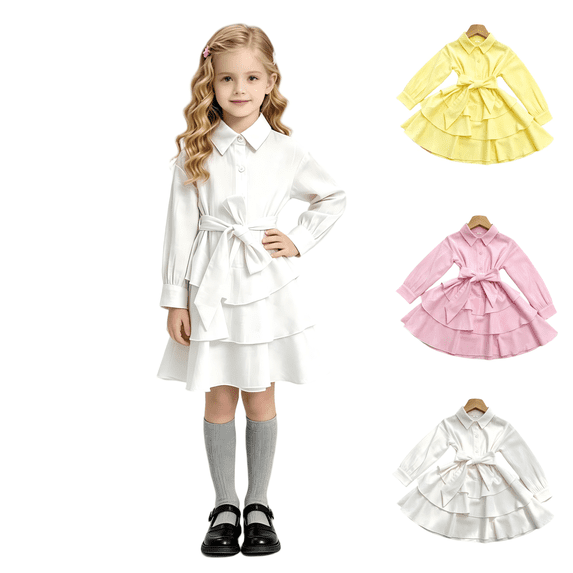 Wilark Girls Shirt Dresses with Waist Belt Fall Long Sleeve Tiered Ruffle Casual Midi Dresses for Kids White 4