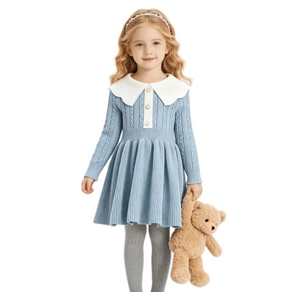 Wilark Girls Sweater Dresses Size 6, Casual Soft Knit Long Sleeve Cute Fall Winter Princess Dresses Light Blue