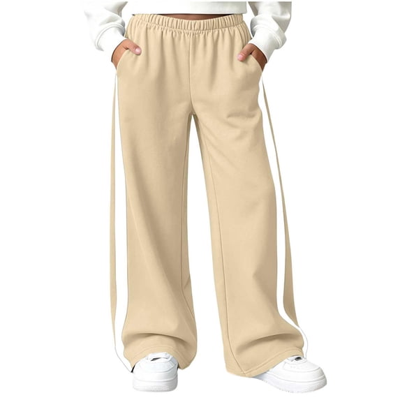 Wilark Girls Sweatpants Fashion Baggy Elastic Waist Casual Wide Leg Joggers with Pockets Beige 5
