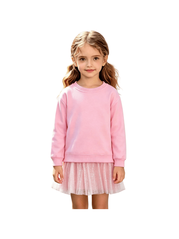 Girls Sweatshirt Dress with Mesh Skirt Size 6, Long Sleeve Casual Fashion Crew Neck Fall Dress for Girls Pink