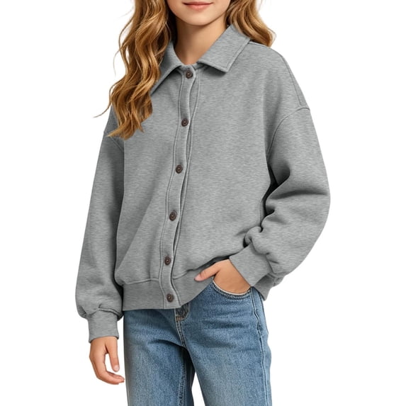 Wilark Girls Sweatshirts Cardigan Long Sleeve Collared Casual Fashion Kids Fall Jackets with Pockets Gray 6