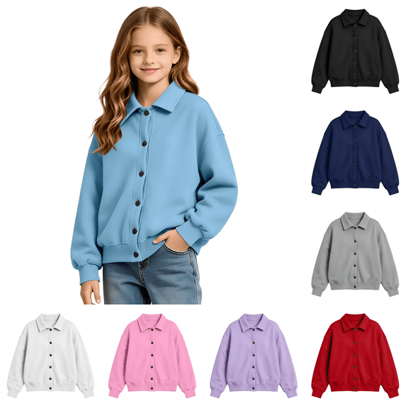 Wilark Girls Sweatshirts Cardigan Size 5-14, Casual Fashion Long Sleeve Collared Kids Fall Jackets with Pockets Blue