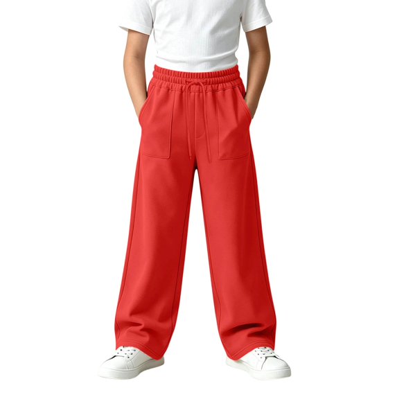 Wilark Girls Wide Leg Sweatpants Drawstring Elastic Waist Baggy Casual Athletic Track Pants with Pockets for Kids Red 5