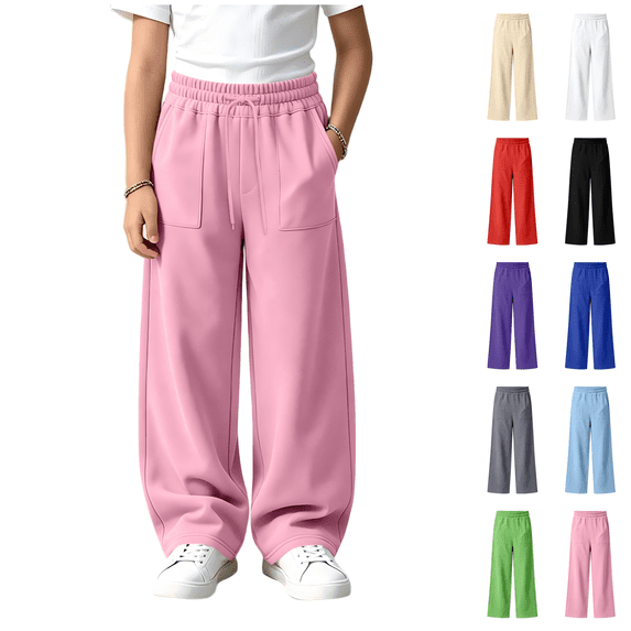Wilark Girls Wide Leg Sweatpants Size 10, Athletic Casual Baggy Drawstring Elastic Waist Track Pants with Pockets for Kids Pink