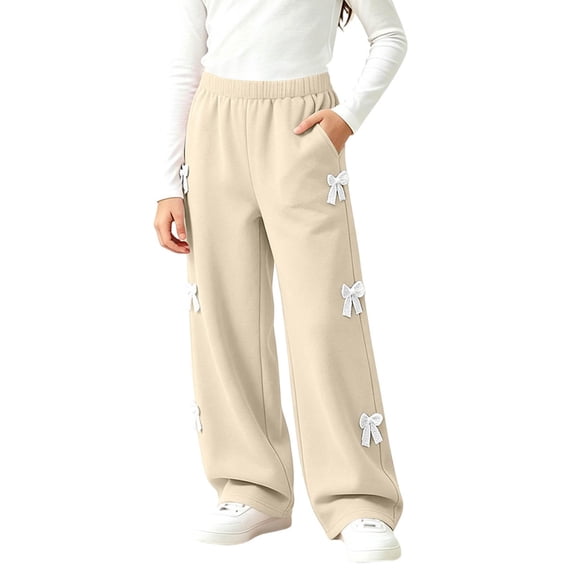 Wilark Girls Wide Leg Sweatpants with Bows Baggy Fashion Casual Elastic Waist Track Pants Beige 6