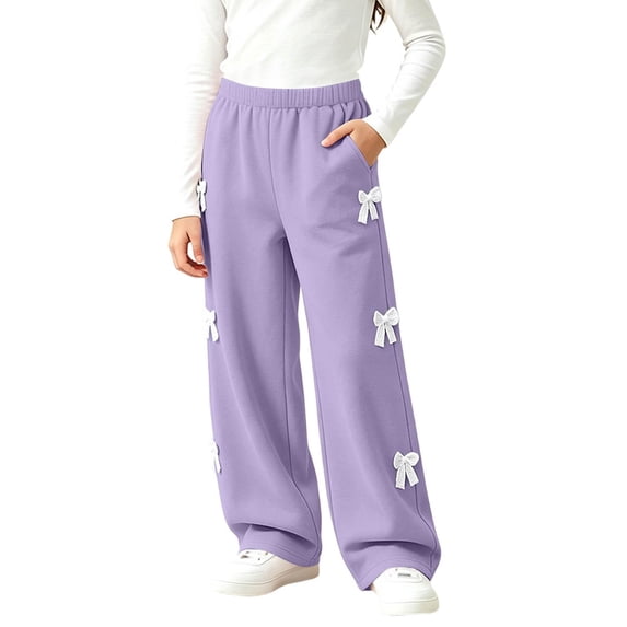 Wilark Girls Wide Leg Sweatpants with Bows Elastic Waist Baggy Casual Fashion Track Pants Purple 10