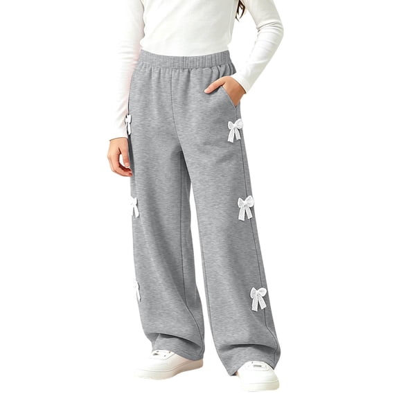 Wilark Girls Wide Leg Sweatpants with Bows Size 12, Fashion Baggy Elastic Waist Casual Track Pants Gray