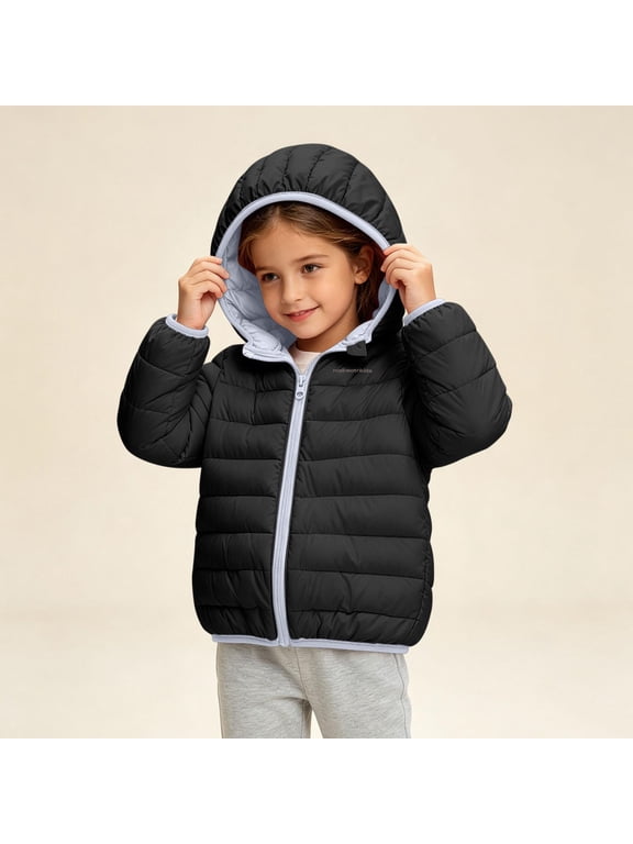 Girls Zip Up Puffer Jackets Long Sleeve Casual Cute Lightweight Quilted Packable Hooded Winter Warm Coat Black 6