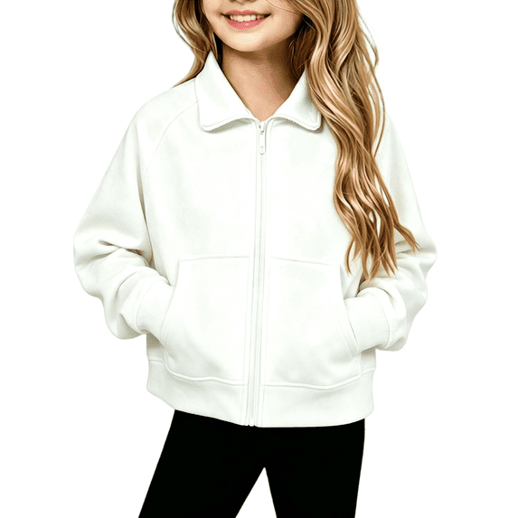 Wilark Girls Zip Up Sweatshirts Fashion Casual Collared Long Sleeve Kids Fall Jackets White 6